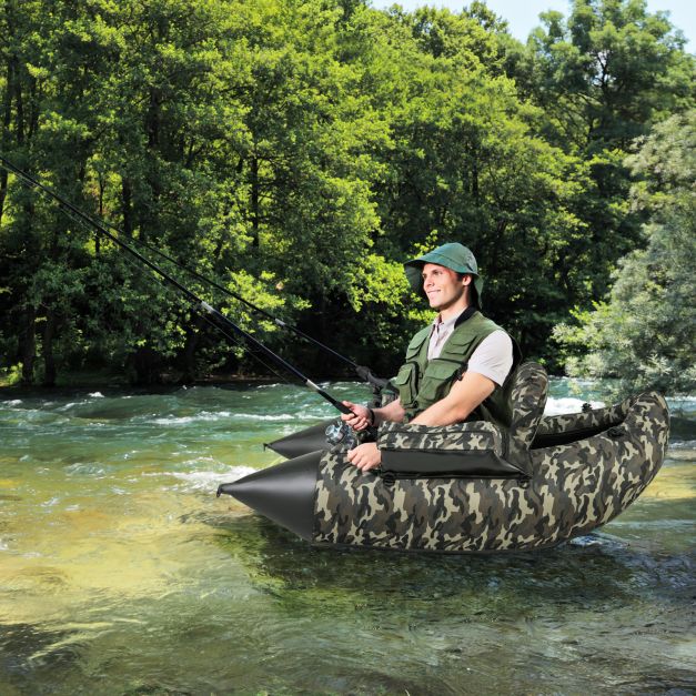Inflatable dinghy with fins & fish ruler & rod holder fishing boat camouflage