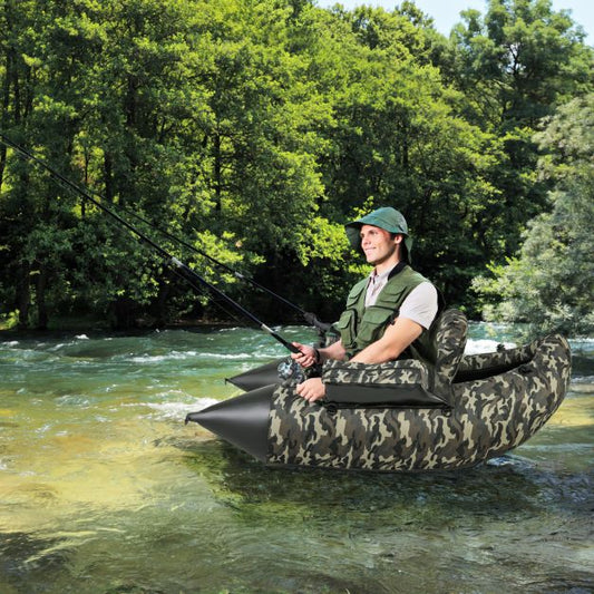 Inflatable dinghy with fins & fish ruler & rod holder fishing boat camouflage