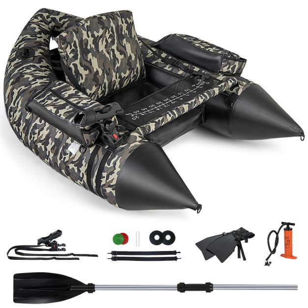 Inflatable dinghy with fins & fish ruler & rod holder fishing boat camouflage