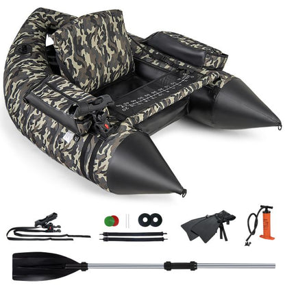 Inflatable dinghy with fins & fish ruler & rod holder fishing boat camouflage