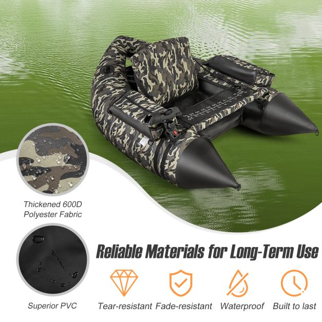 Inflatable dinghy with fins & fish ruler & rod holder fishing boat camouflage