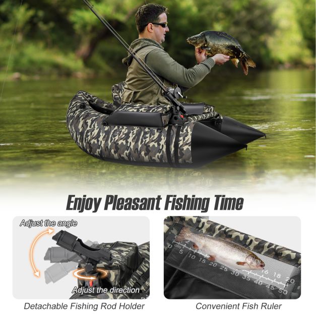 Inflatable dinghy with fins & fish ruler & rod holder fishing boat camouflage
