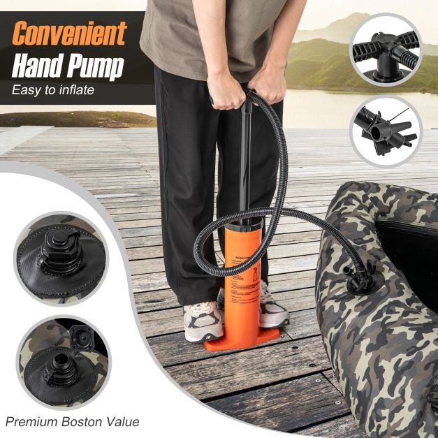 Inflatable dinghy with fins & fish ruler & rod holder fishing boat camouflage