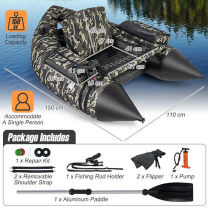 Inflatable dinghy with fins & fish ruler & rod holder fishing boat camouflage