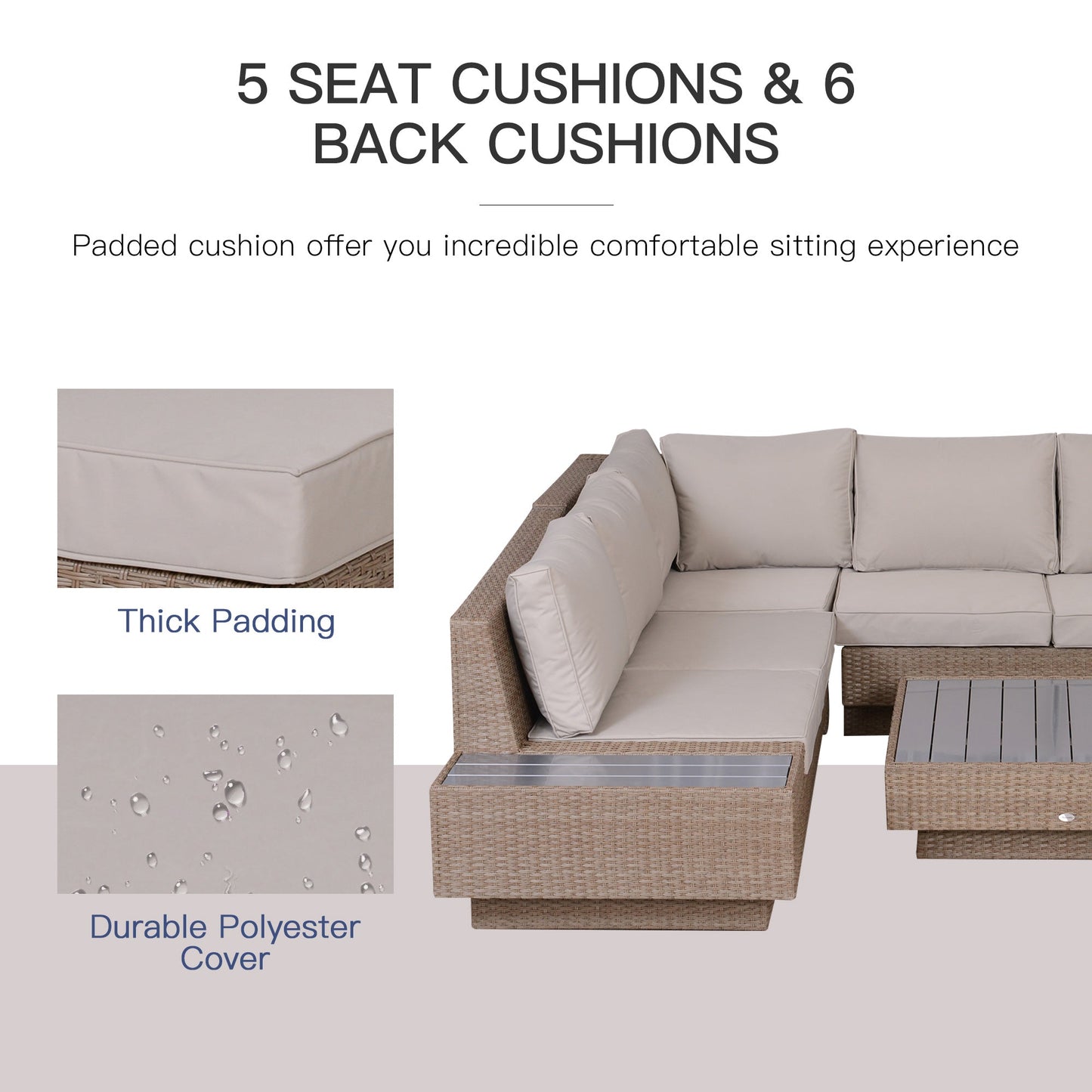 Outsunny 4 PCs Rattan Garden Furniture Outdoor Sectional Corner Sofa and Coffee Table Set Conservatory Wicker Weave Furniture with Armrest and Cushions - Beige