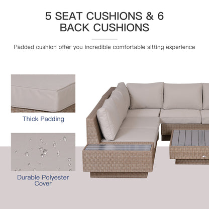 Outsunny 4 PCs Rattan Garden Furniture Outdoor Sectional Corner Sofa and Coffee Table Set Conservatory Wicker Weave Furniture with Armrest and Cushions - Beige