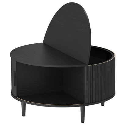 HOMCOM Coffee Table with Lift Top and Hidden Storage, Round Centre Table with Fluted Sliding Door, 80 cm, Black Wood Effect