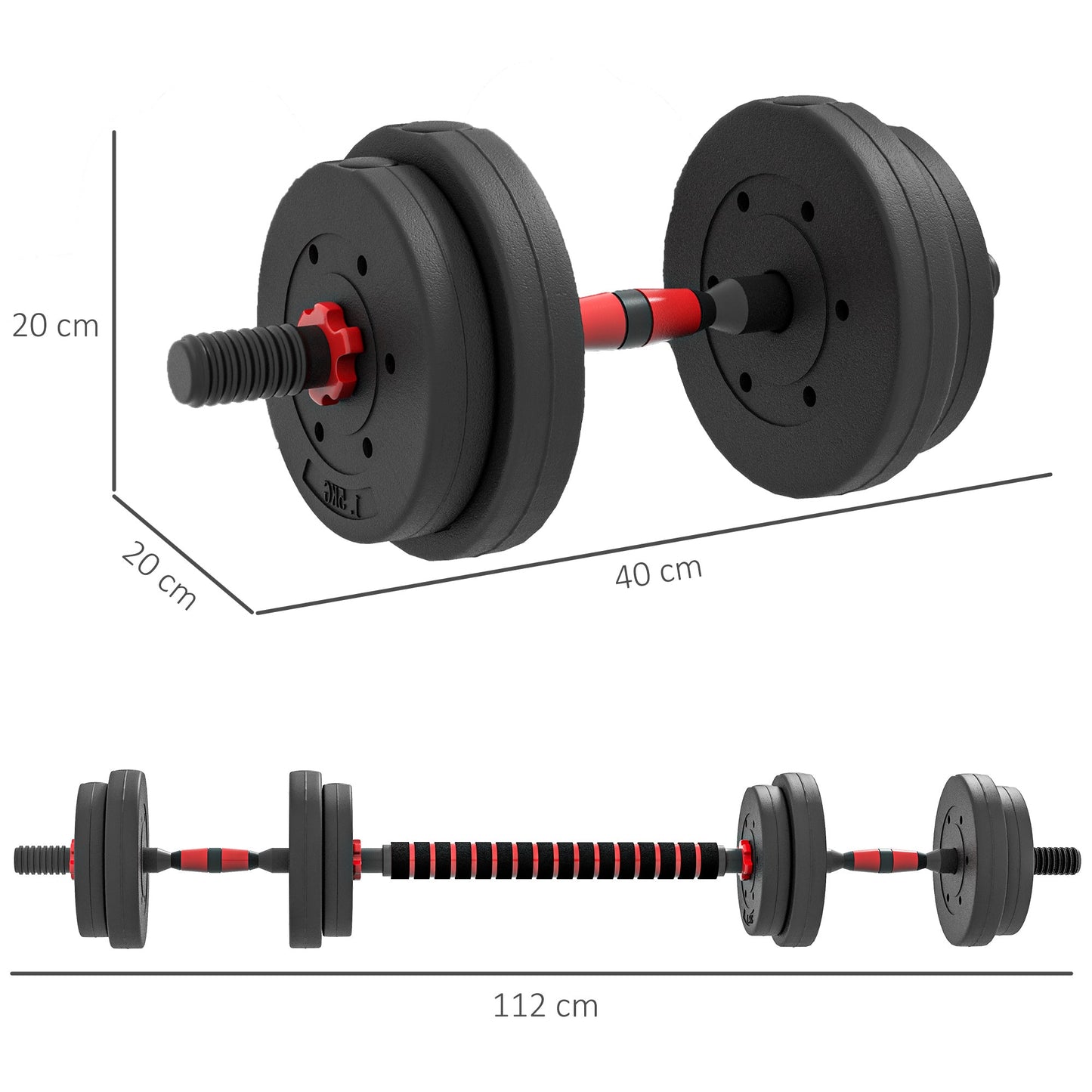HOMCOM 15kg 2 in 1 Adjustable Dumbbells Weight Set, Dumbbell Hand Weight Barbell for Weight Training, Black