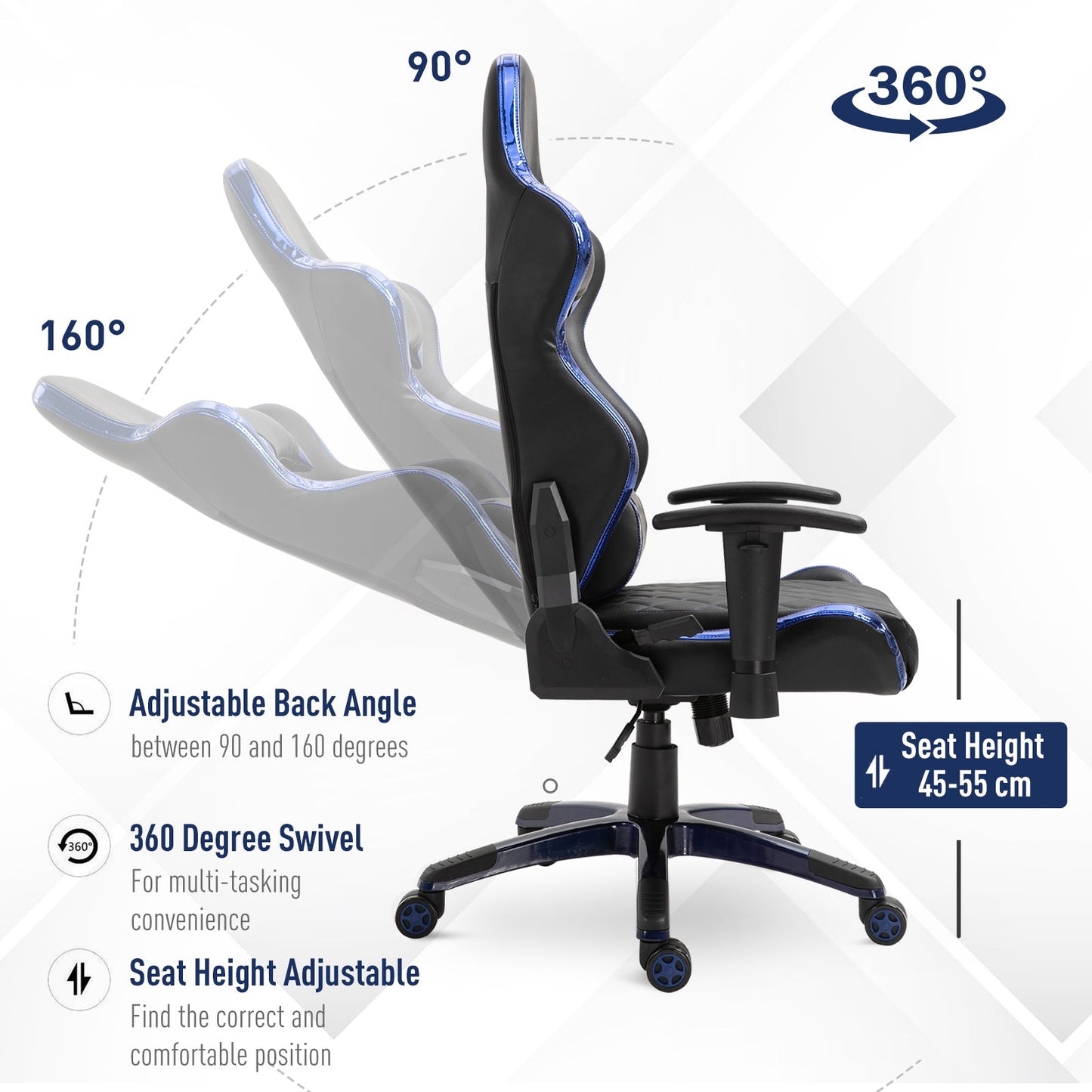 Vinsetto Holographic Stripe Gaming Chair Ergonomic PU Leather High Back 360¡ Swivel w/ 5 Wheels 2 Pillows Back Support Racing Reclining Black and Blue