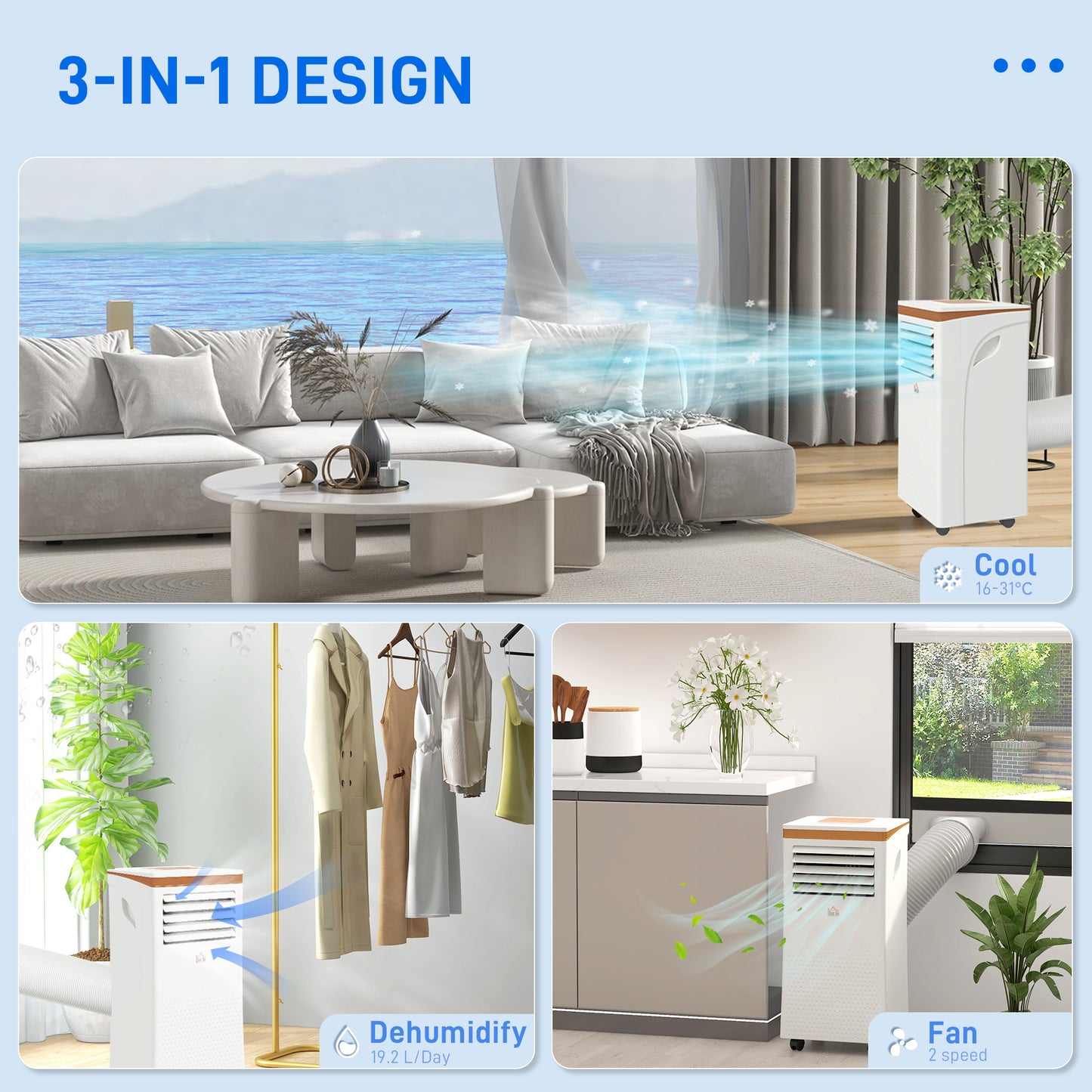 HOMCOM 9000 BTU Air Conditioning Unit, 3-in-1 Portable Air Conditioner, Dehumidifier, Cooling Fan with Remote, LED Display, 2 Speeds, 24H Timer, Window Venting Kit, 28mÂ²