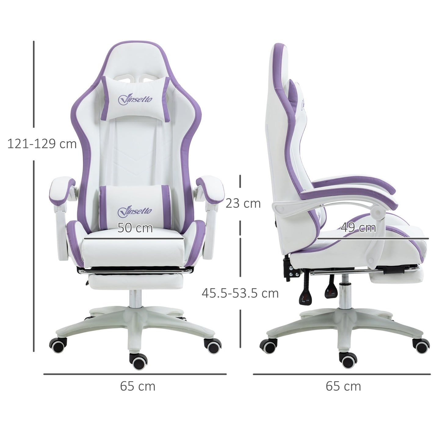 Vinsetto Computer Gaming Chair, PU Leather Desk Chair with Footrest, Swivel Task Chair with 135¡ Reclining Back and Lumbar Support, PC Chair for Adults, White and Purple