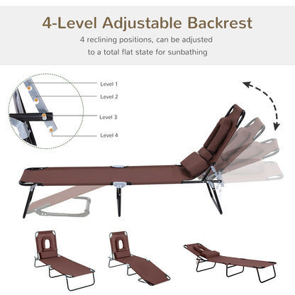 Outsunny Outdoor Folding Sun Lounger with Face Hole, 4 Level Adjustable Backrest Reclining Garden Lounger, Garden Recliner Sunbed with 600 D Oxford Cloth Seat and Pillow for Beach, Brown