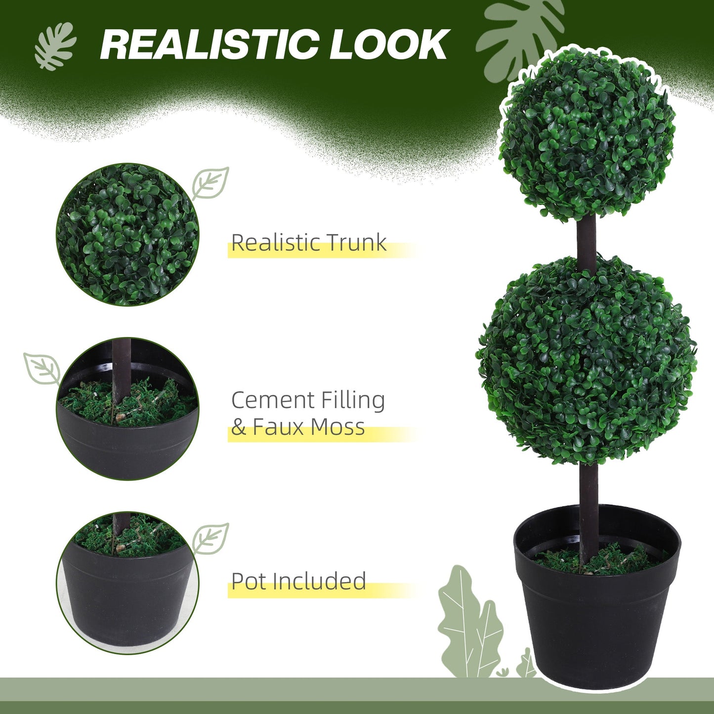 Outsunny Set of 2 Artificial Boxwood Ball Topiary Trees Potted Decorative Plant Indoor DÃ©cor (67cm)