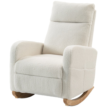 HOMCOM Sherpa Fleece Upholstered Armchair with Side Pockets & Solid Wood Legs, High Back Lounge Chair for Bedroom, Cream White