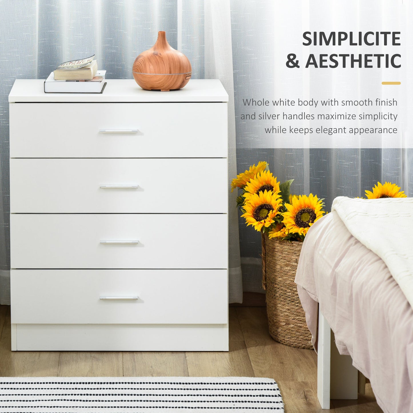 HOMCOM Chest of Drawers, 4 Drawers Storage Cabinet with Metal Rails, Anti-Tip for Playroom, Nursery Room, Hallway, etc