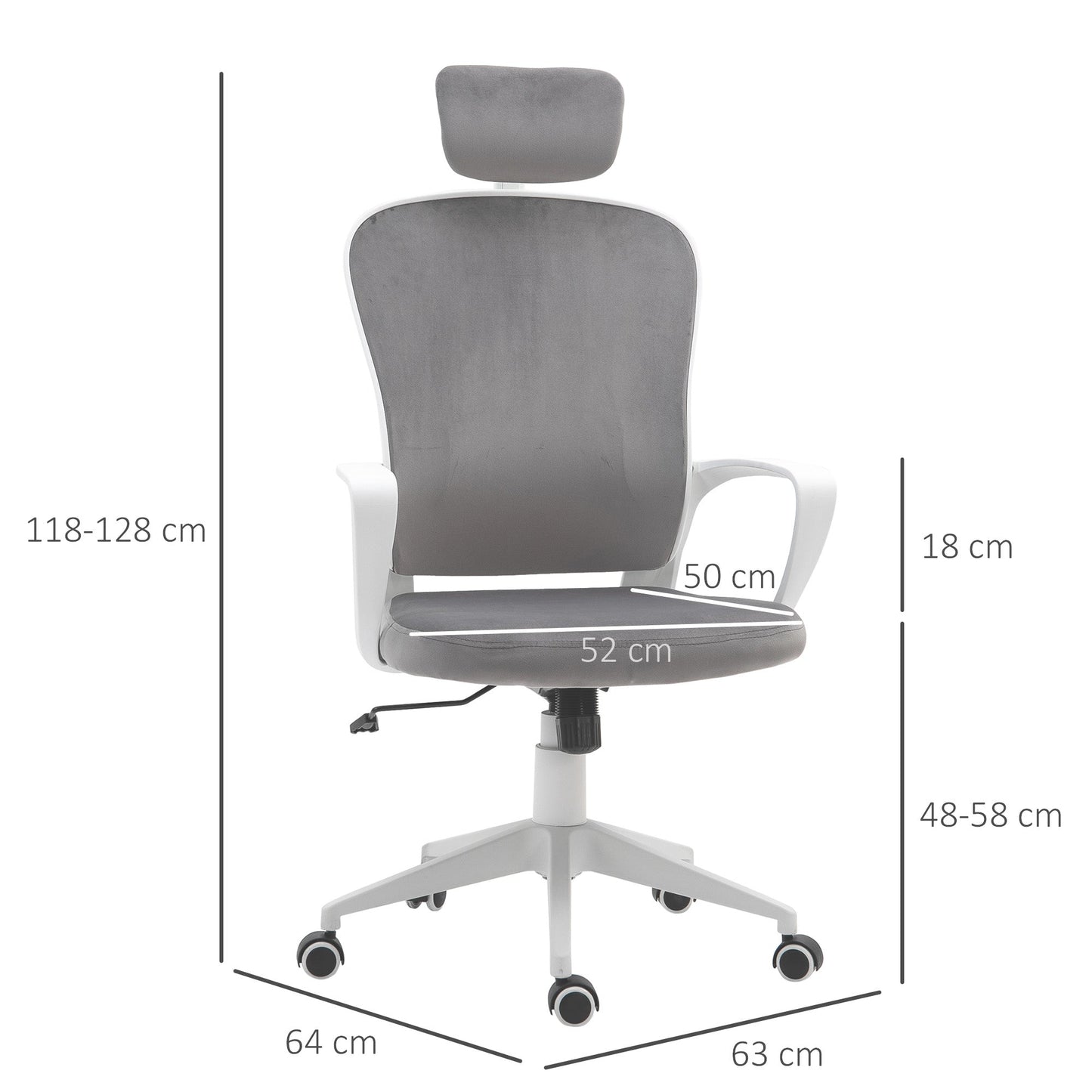 Vinsetto Computers Chair Ergonomic Back Support High Backed Office Chair Velvet Style Fabric Home Rocking with Wheels, Rotatable Liftable Headrest, Grey w/ Wheel, Up-Down Headrest