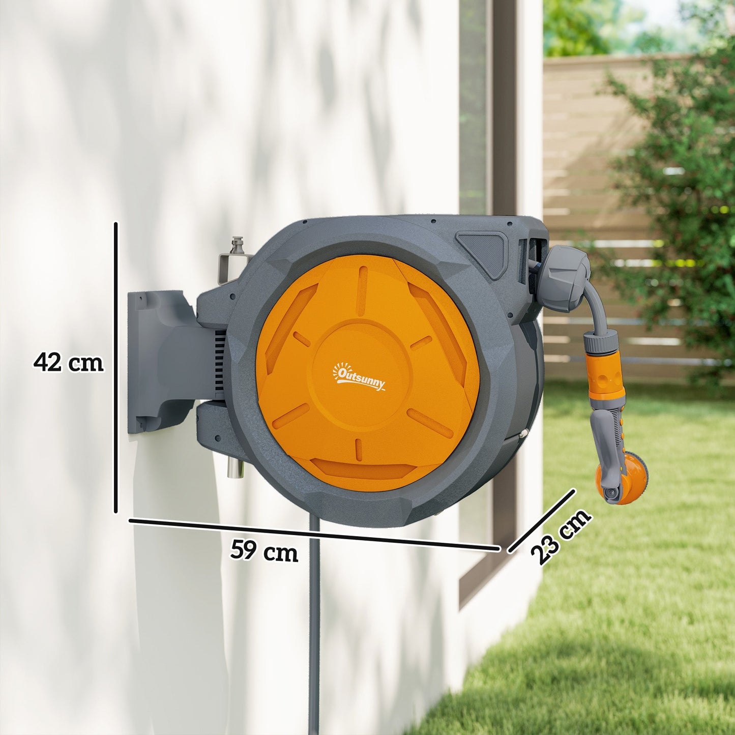 Outsunny Retractable Hose Reel Wall Mounted, 30+2m Garden Hose Pipe Reel with Lock, Auto Rewind, 7 in 1 Spray Nozzle, Includes Wall Fixings, 180 Swivel, Outdoor Watering, Orange