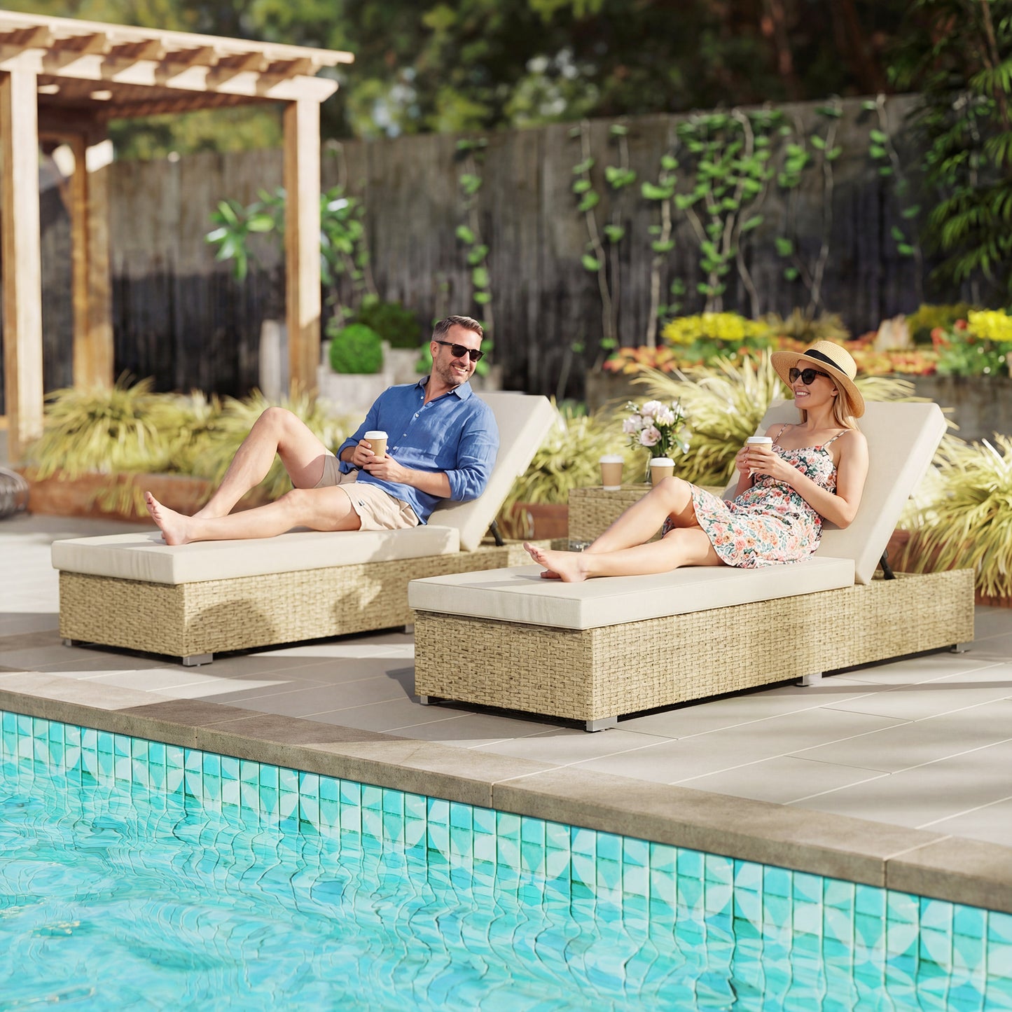 Outsunny Rattan Sun Loungers Set of 2 with Side Table, Garden Recliner Sunbeds with Adjustable Back, Cushions, Beige