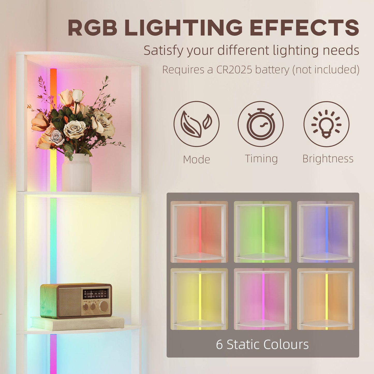 HOMCOM RGB LED Floor Lamp with Shelves, 5-Tier Dimmable Standing Lamp with Adjustable Brightness and Remote Control, Modern Corner Display Shelf Unit for Living Room Bedroom Office, White