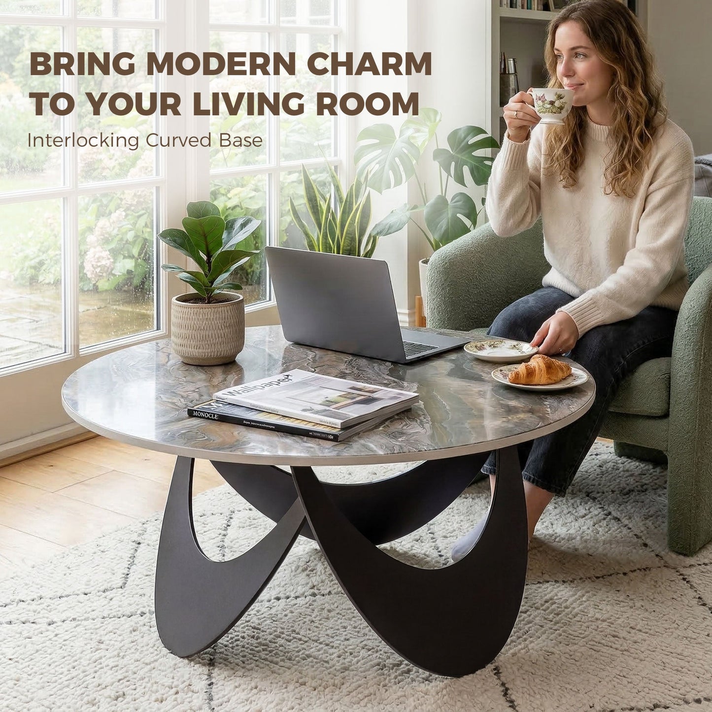 HOMCOM Coffee Table Sintered Stone Top Adjustable Foot Pads Modern Centre Table for Living Room Brown and Black