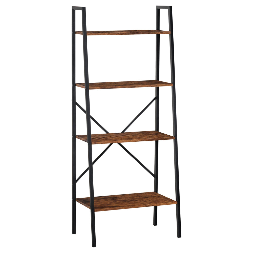 HOMCOM Ladder Shelf, Bookshelf, 4-Tier Industrial Storage Rack for Living Room, Bedroom, Kitchen, Rustic Brown and Black