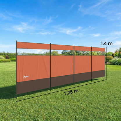 Outsunny Camping Windbreaker with Clear Windows and Steel Poles, for Beach Caravan Campervan, 725 x 140cm, Orange