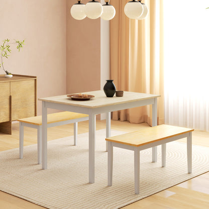 HOMCOM Dining Table and Bench Set, Farmhouse Kitchen Table and Bench with Wooden Frame for Living Room, Dining Room, Natural and White