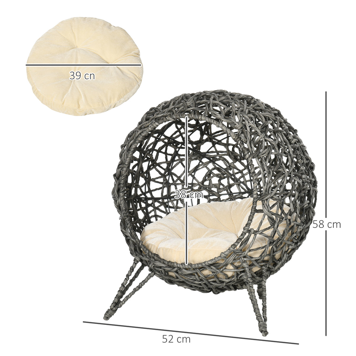 PawHut Raised Rattan Cat House, with Cushion - Silver-Tone & Grey