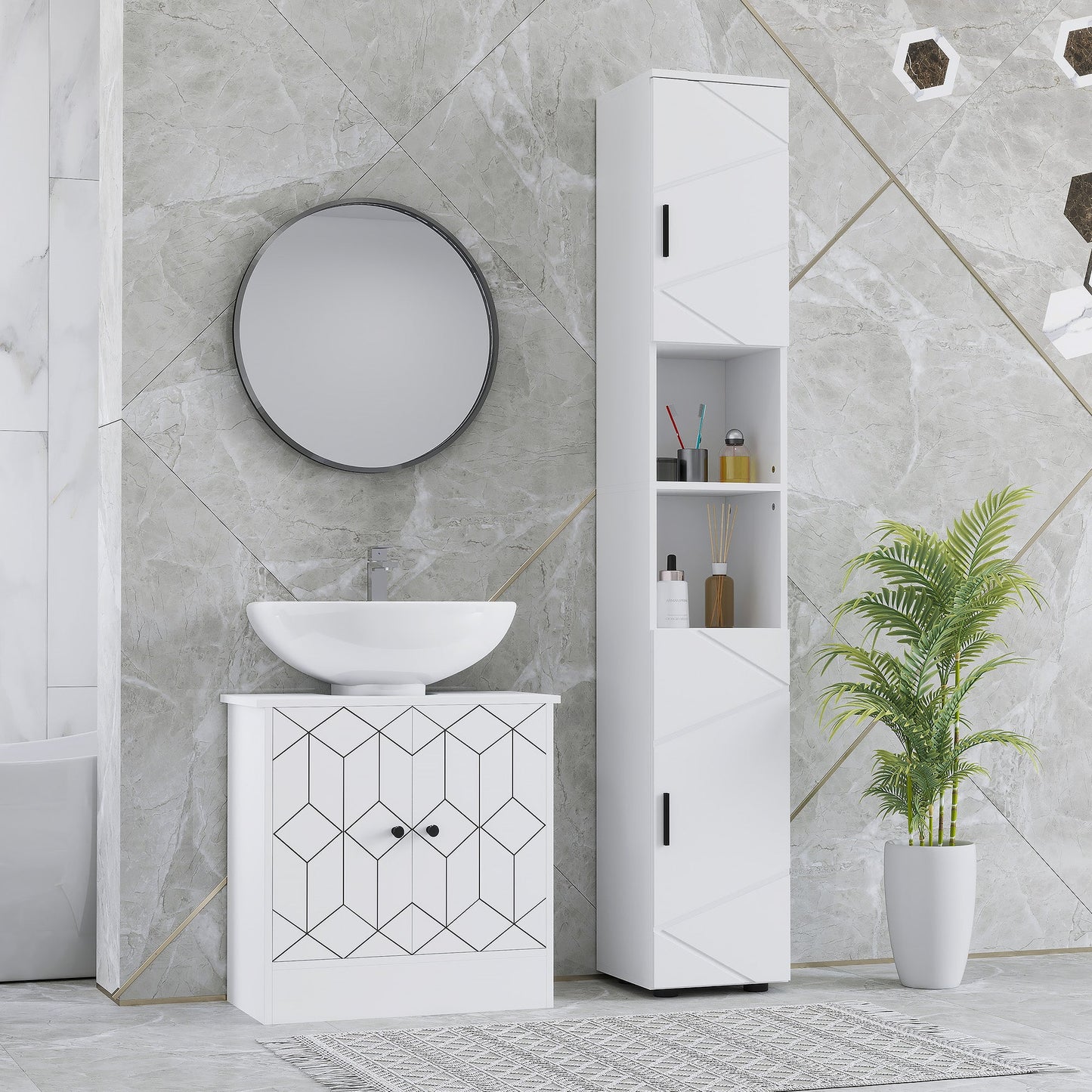 kleankin Line Embossed Tall Bathroom Storage Cabinet - White