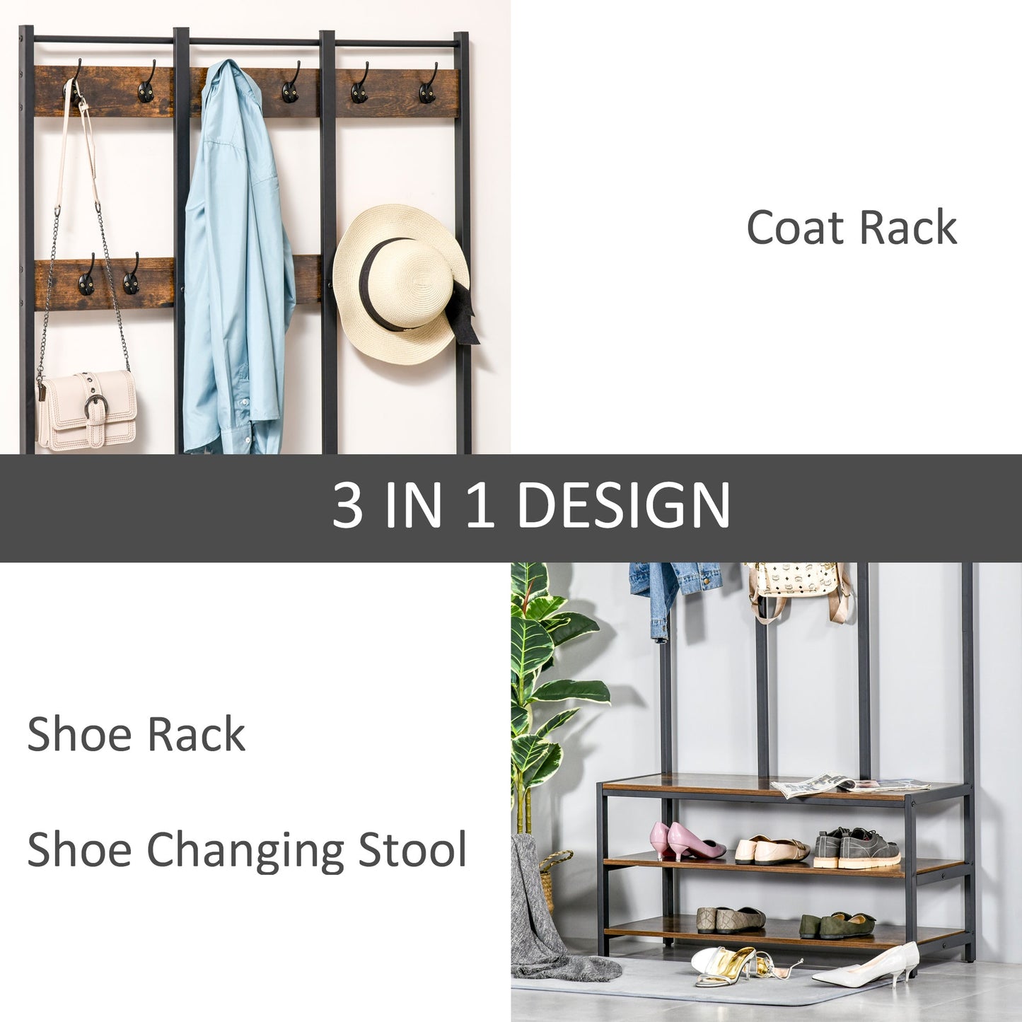 HOMCOM Coat Rack Stand, Free Standing Hall Tree, Coat Stand with Hooks, Bench and Shoe Rack, 100cm x 40cm x 184cm, Industrial Style, Rustic Brown and Black