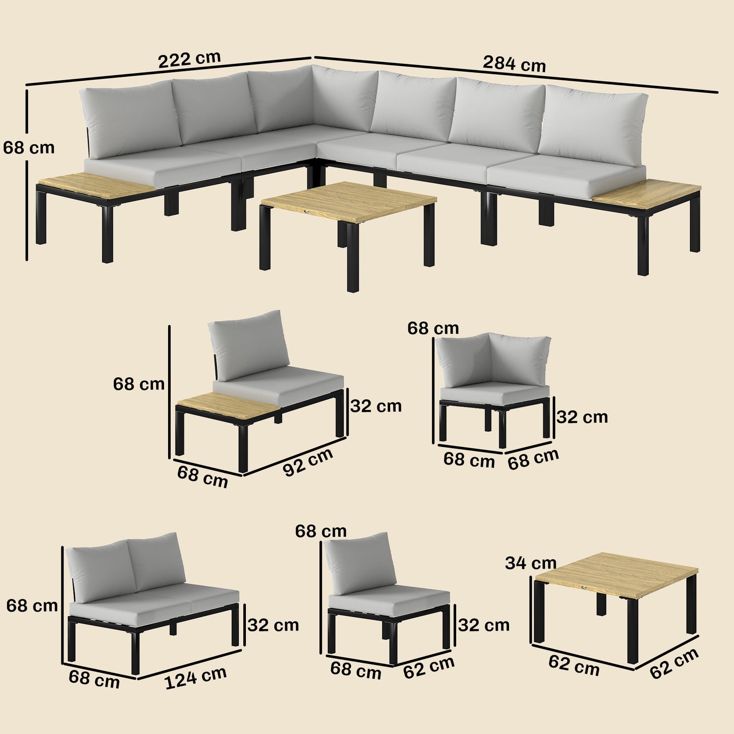 Outsunny Garden Furniture Set, 6 Piece Corner Sofa Set with Loveseat, Coffee Table, Sofa with Integrated Side Table