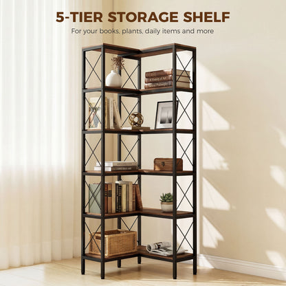 HOMCOM 5-Tier L-Shaped Bookshelf, Freestanding Corner Bookcase with Metal Frame, Rustic Brown
