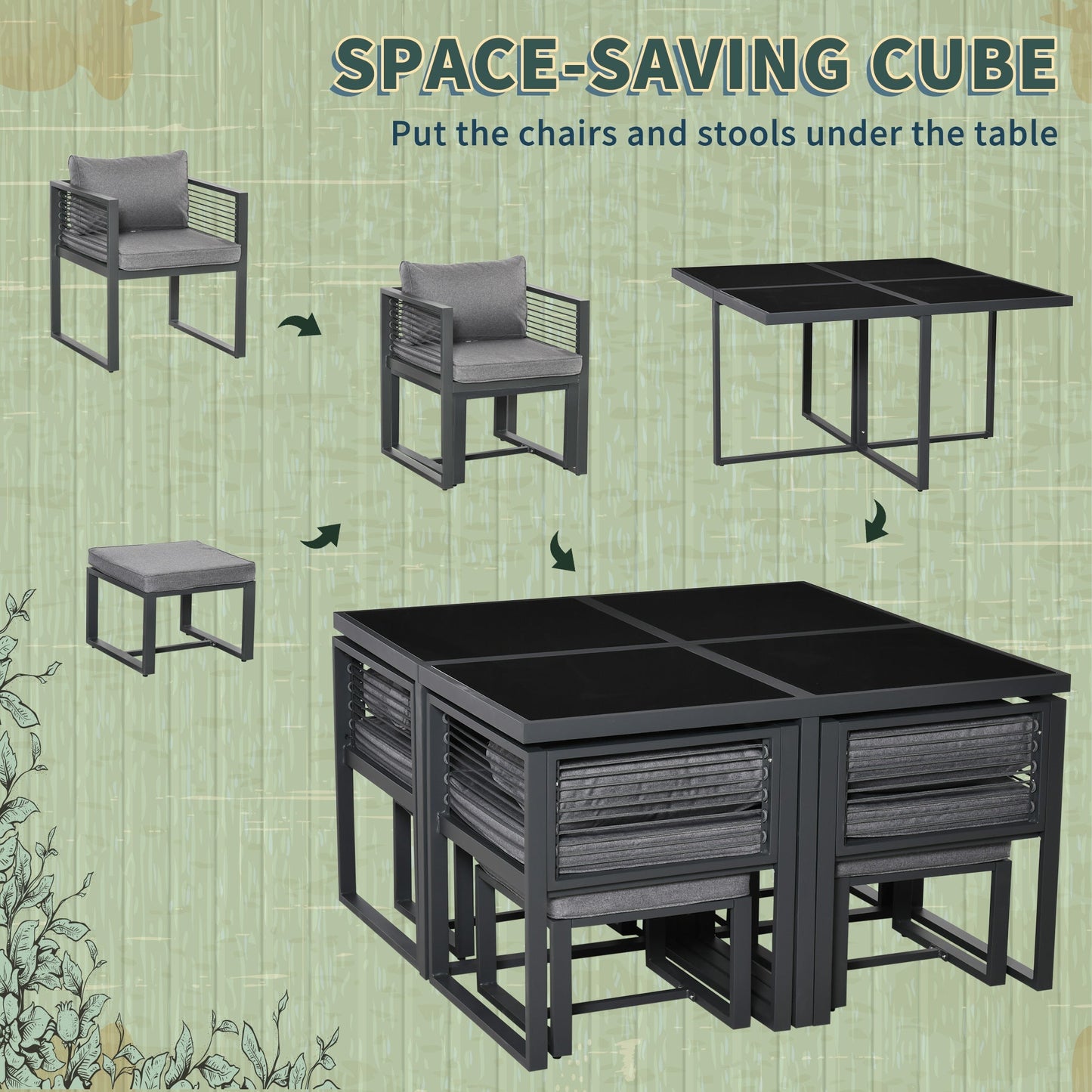 Outsunny Nine-Piece Aluminium Garden Set, with Glass-Top Table - Grey
