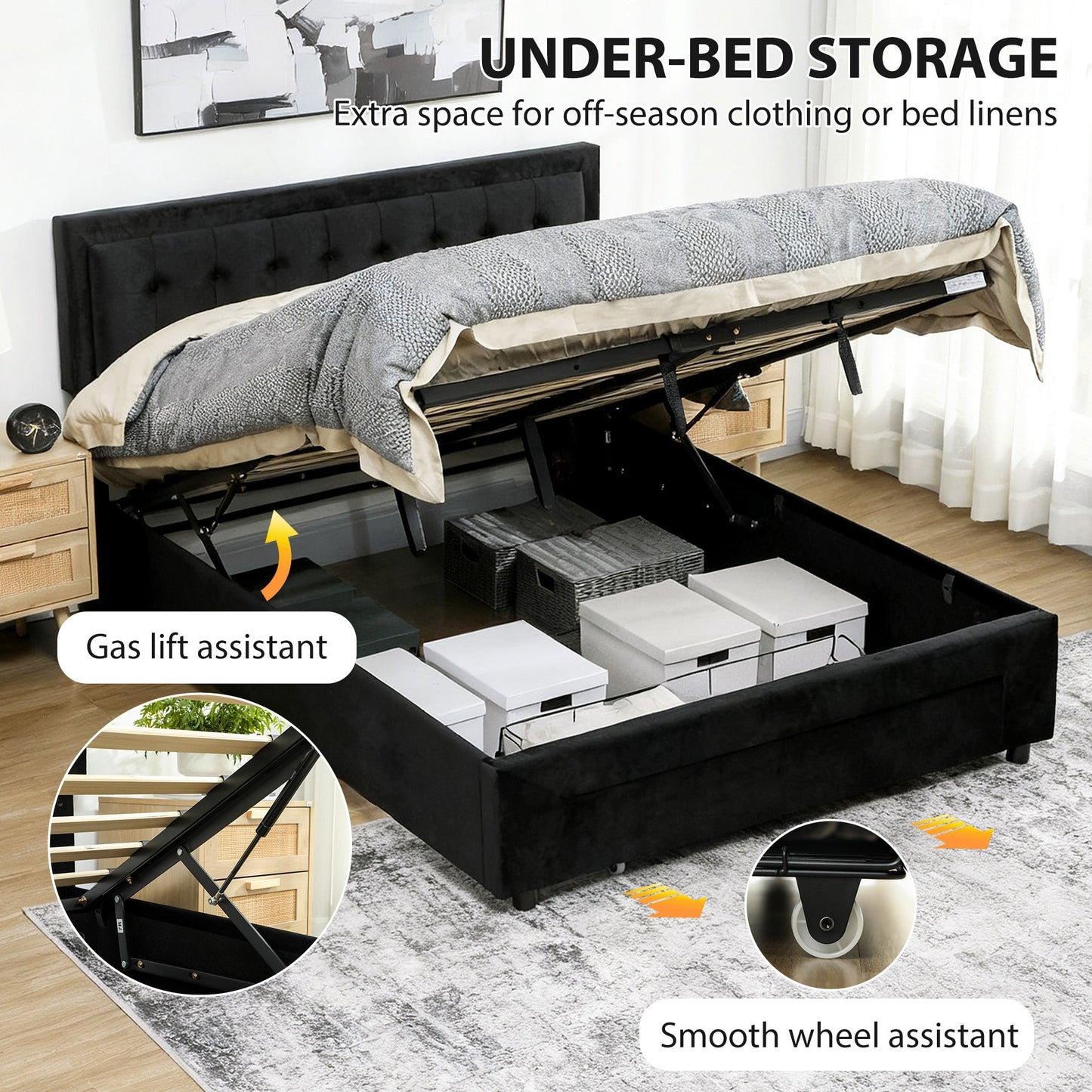 HOMCOM King Size Ottoman Bed Frame, with Front Drawer - Black