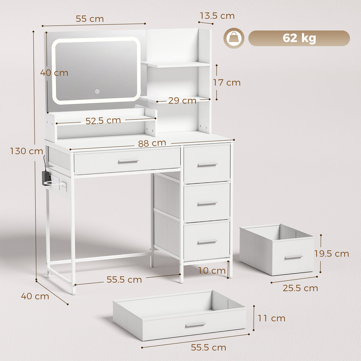 HOMCOM Dressing Table with 3-Colour LED Mirror, Power Outlet, Vanity Desk with 4 Drawers, 5 Shelves, Hair Dryer Holder