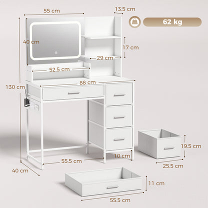 HOMCOM Dressing Table with 3-Colour LED Mirror, Power Outlet, Vanity Desk with 4 Drawers, 5 Shelves, Hair Dryer Holder