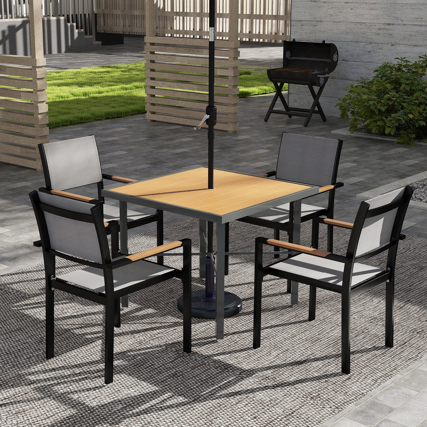 Outsunny Garden Table for 4, 90 cm Rectangular Outdoor Dining Table with 4.2 cm Umbrella Hole, Wood Effect Top, Rust Resistant Frame, for Patio, Balcony, Terrace, Natural Wood Finish