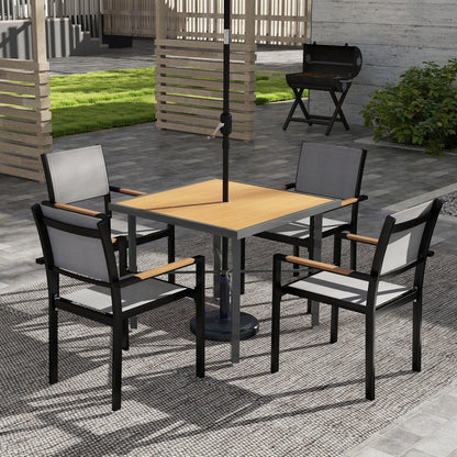 Outsunny Garden Table for 4, 90 cm Rectangular Outdoor Dining Table with 4.2 cm Umbrella Hole, Wood Effect Top, Rust Resistant Frame, for Patio, Balcony, Terrace, Natural Wood Finish