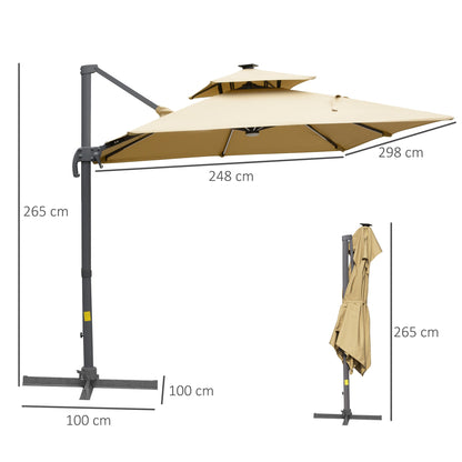 Outsunny 3m Cantilever Parasol, Outdoor Offset Patio Umbrella, Solar LED Lighted Hanging Sun Shade Canopy with Tilt and Crank Handle, Cross Base for Lawn, Khaki