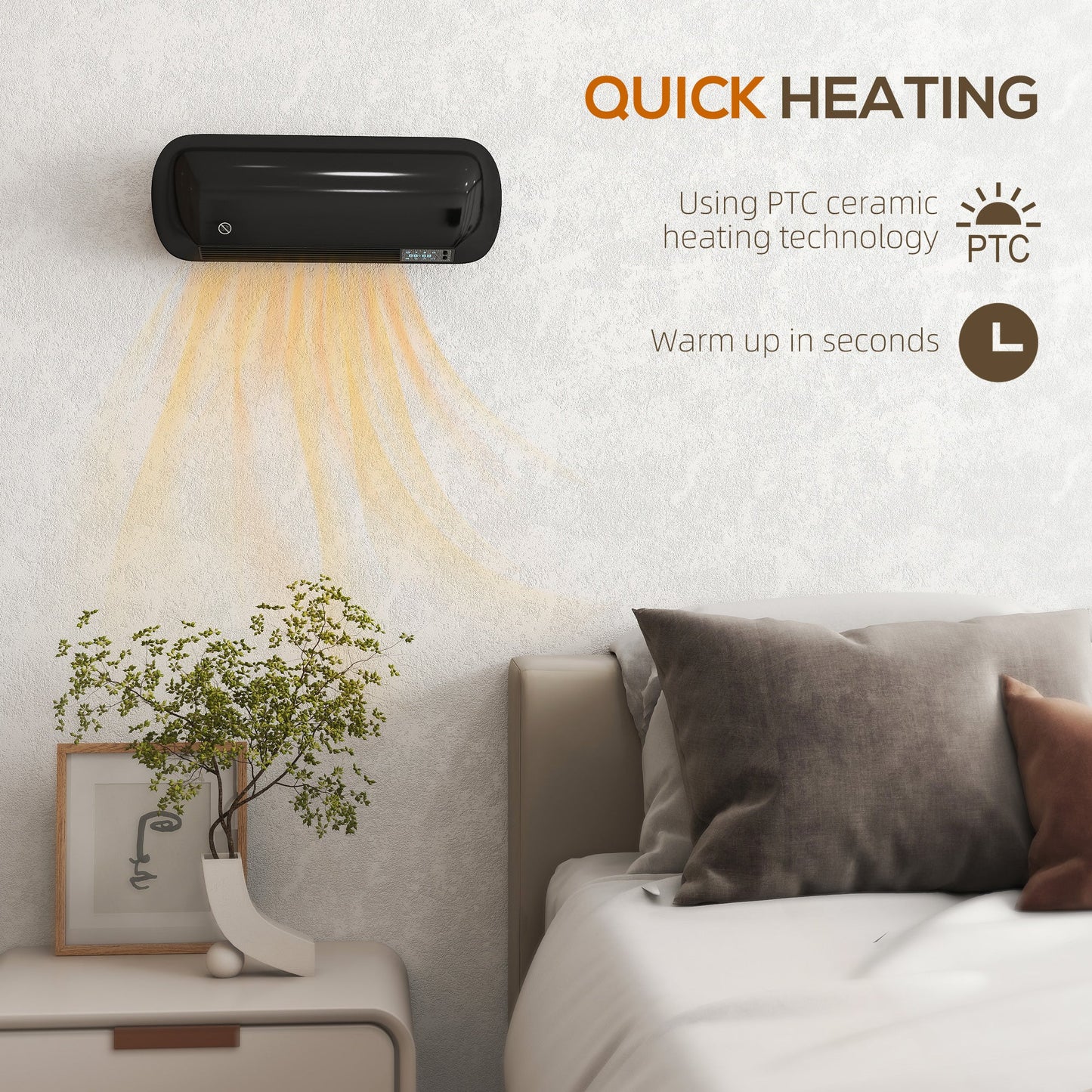 HOMCOM 2000W Ceramic Electric Heater with Fan, Adjustable Thermostat, Wall Mounted - Black