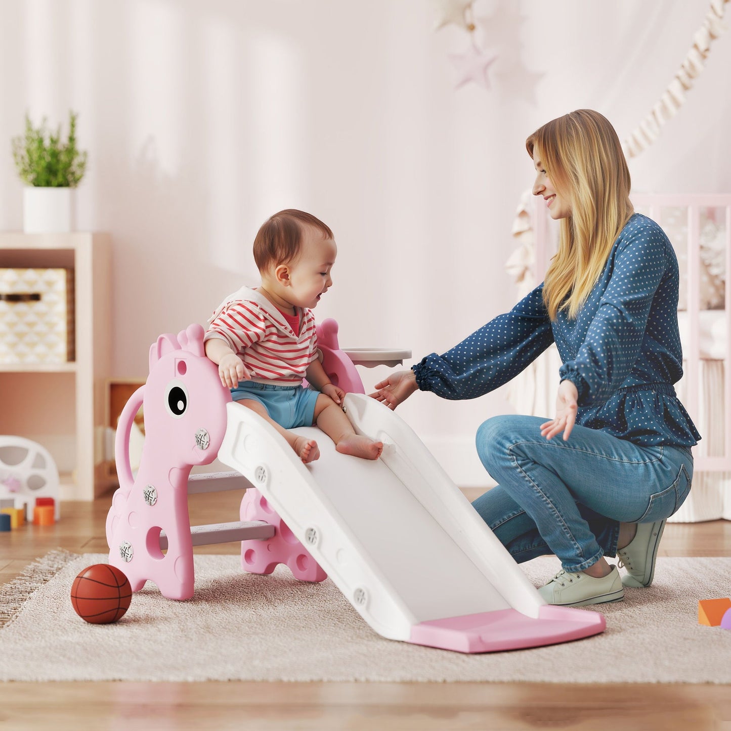 AIYAPLAY 3 in 1 Kids Slide with Climber, Basketball Hoop and Ball, Giraffe Shape Climber Slide for Indoor Kids Age 1-3, Pink