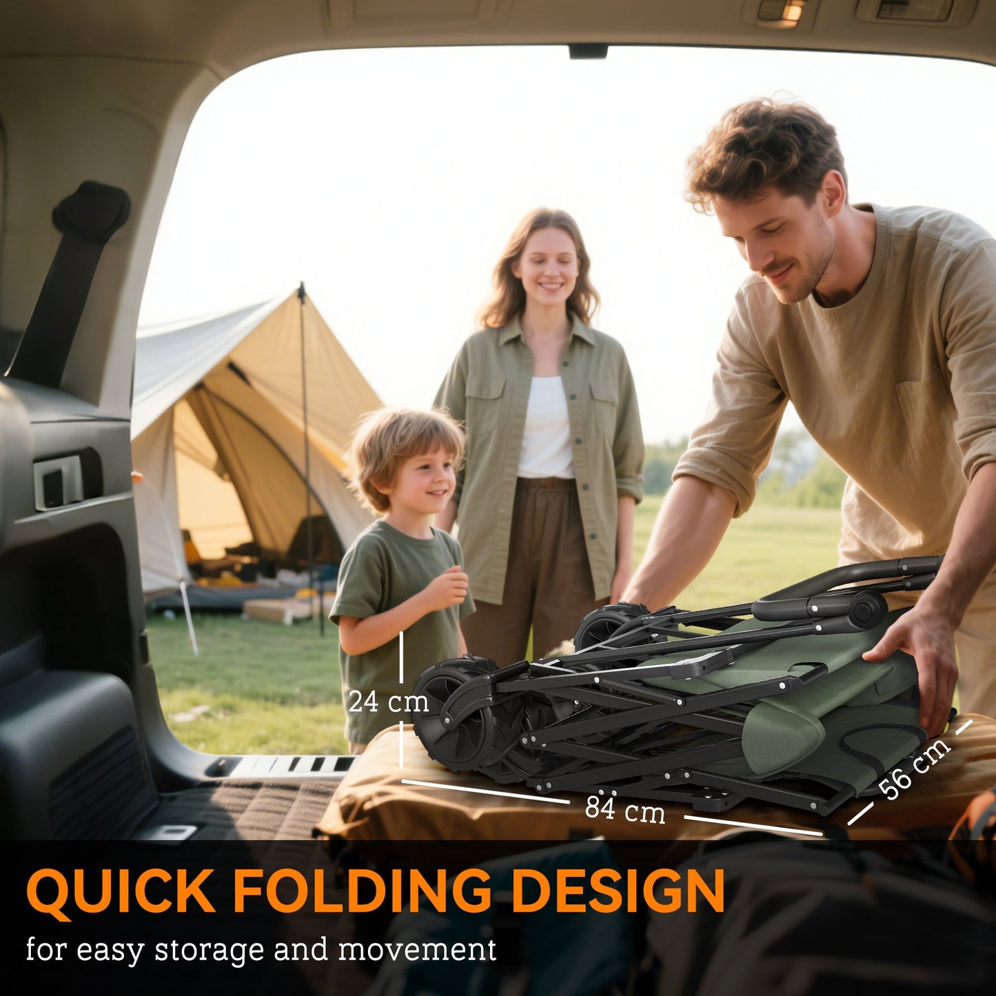 Outsunny Folding Trolley Cart Storage Wagon Beach Trailer 4 Wheels with Handle Overhead Canopy Cart Push Pull for Camping, Green