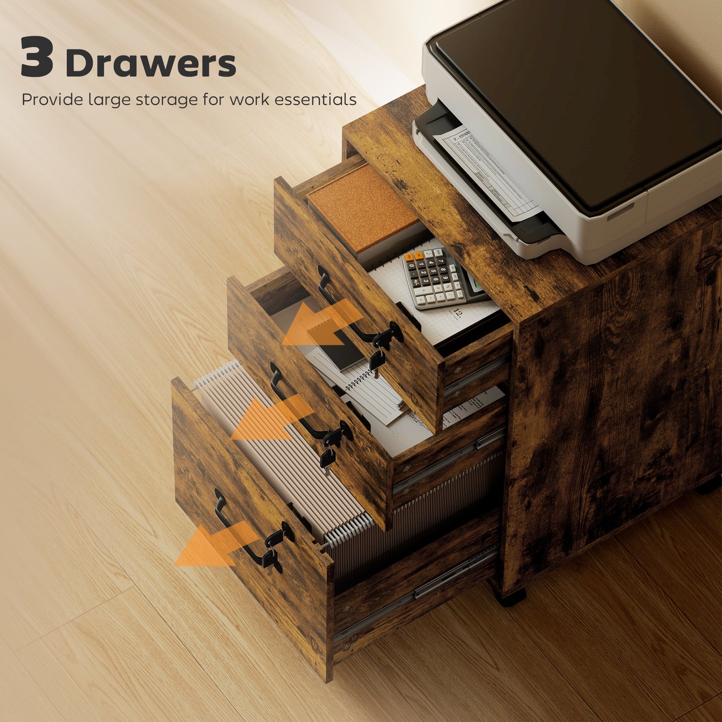 HOMCOM Three Drawer Wood-Effect Filing Cabinet - Rustic Brown