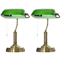 HOMCOM Banker's Table Lamps Set of 2, Desk Lamps with Antique Bronze Tone Base, Green Glass Shade and Pull Rope Switch for Home Office, Living Room, Bedroom, Dining Room, Green