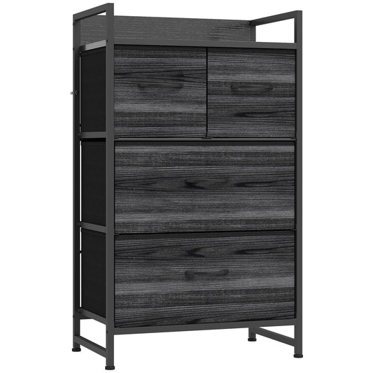 HOMCOM Rustic Chest of Four Fabric Drawers - Black Wood Effect