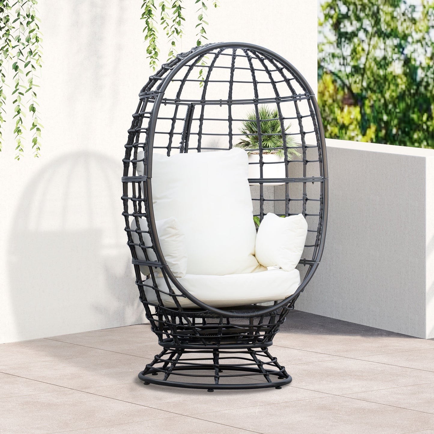 Outsunny 360¡ Swivel Egg Chair Outdoor, Cocoon Single Chair with Cushion for Patio & Conservatory Balcony, Black