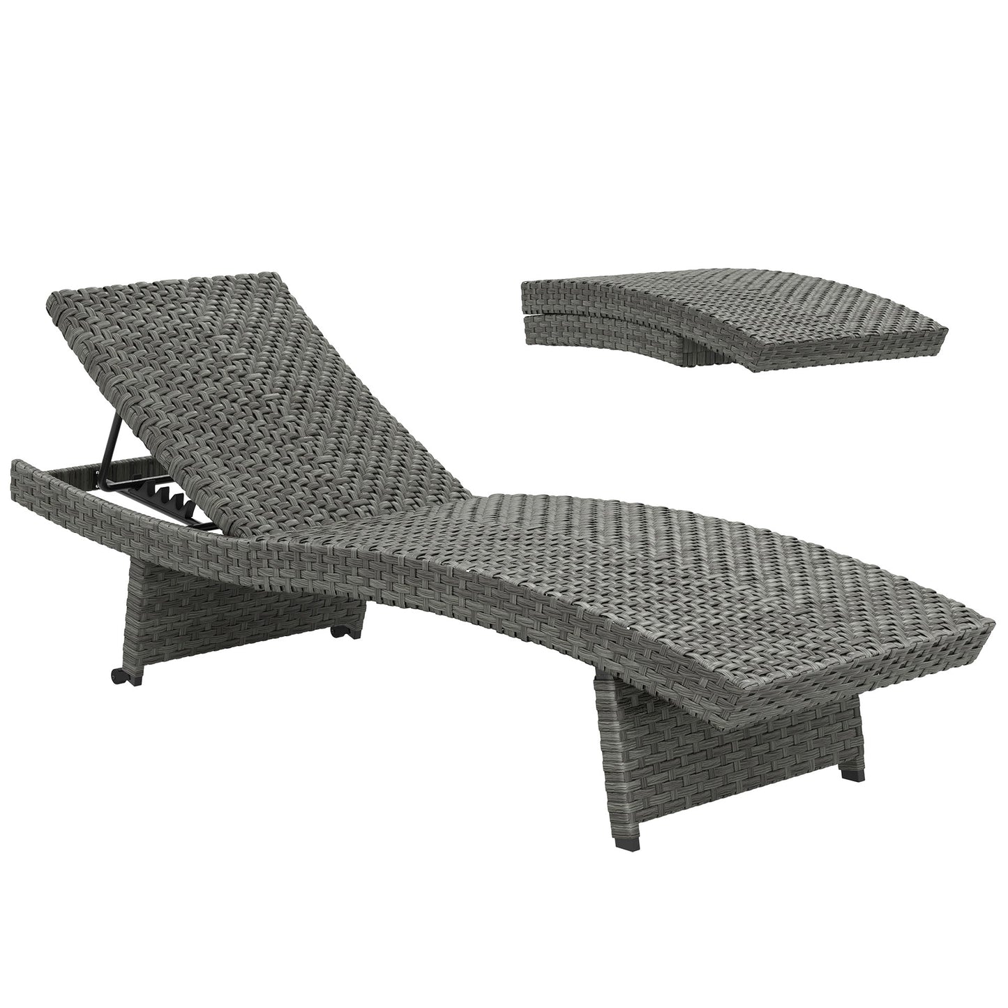 Outsunny Outdoor PE Rattan Sun Lounger, Folding Wicker Garden Lounger Recliner with 4-Level Adjustable Backrest, Rolling Sunbed Lounge Chair with Wheels, Non-Slip Legs for Balcony, Beach, Mixed-grey