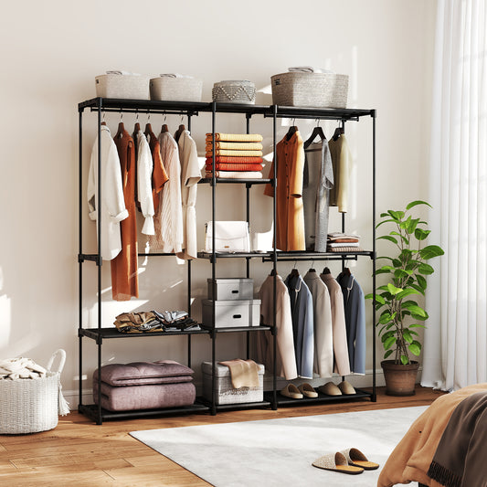 HOMCOM Portable Wardrobe, Open Clothes Wardrobe with 8 Shelves, 3 Hanging Rails, Black