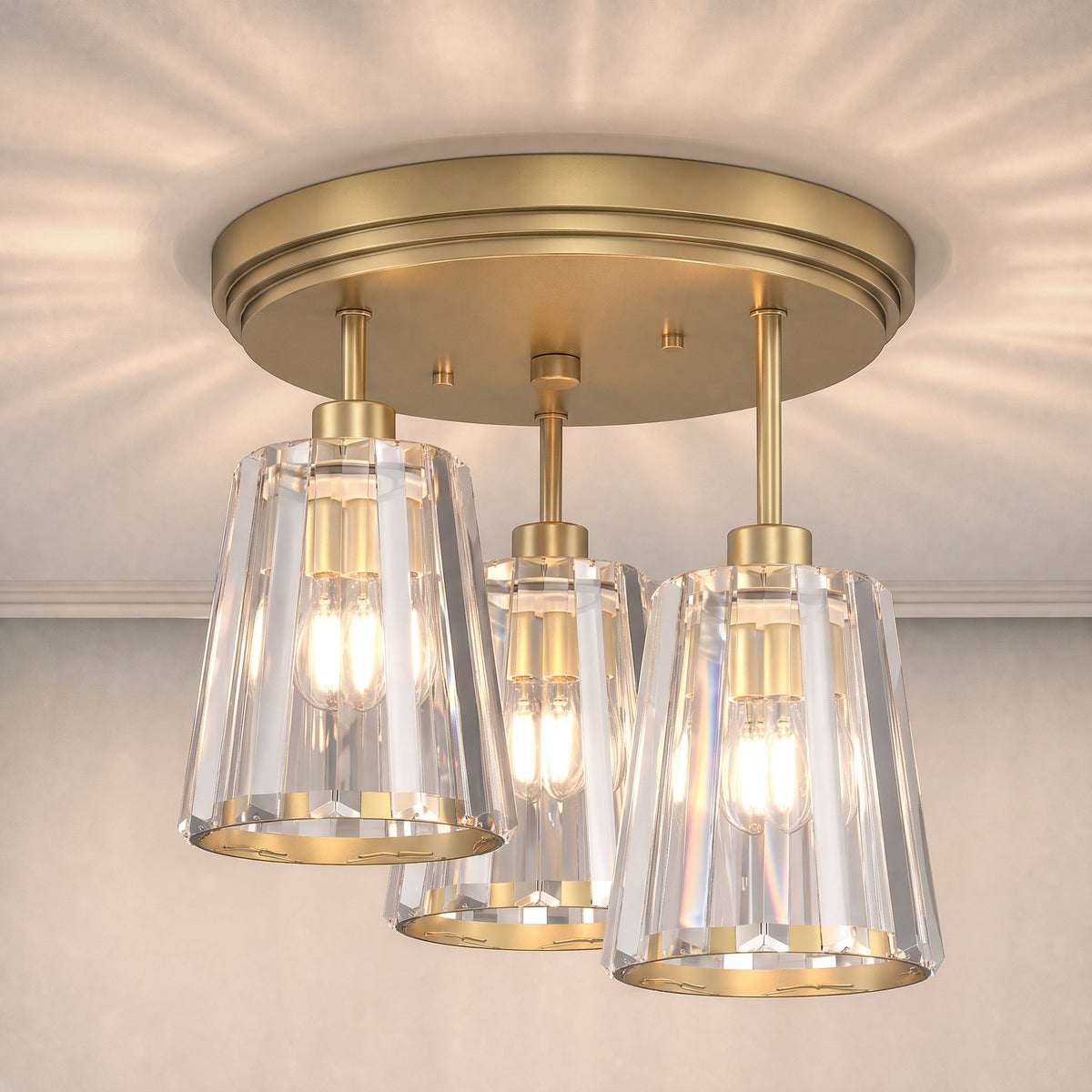 HOMCOM 3-Light Crystal Glass Ceiling Light, Triple Head with Dual Mounting, Modern Ceiling Lamp for Living Room, Gold Tone
