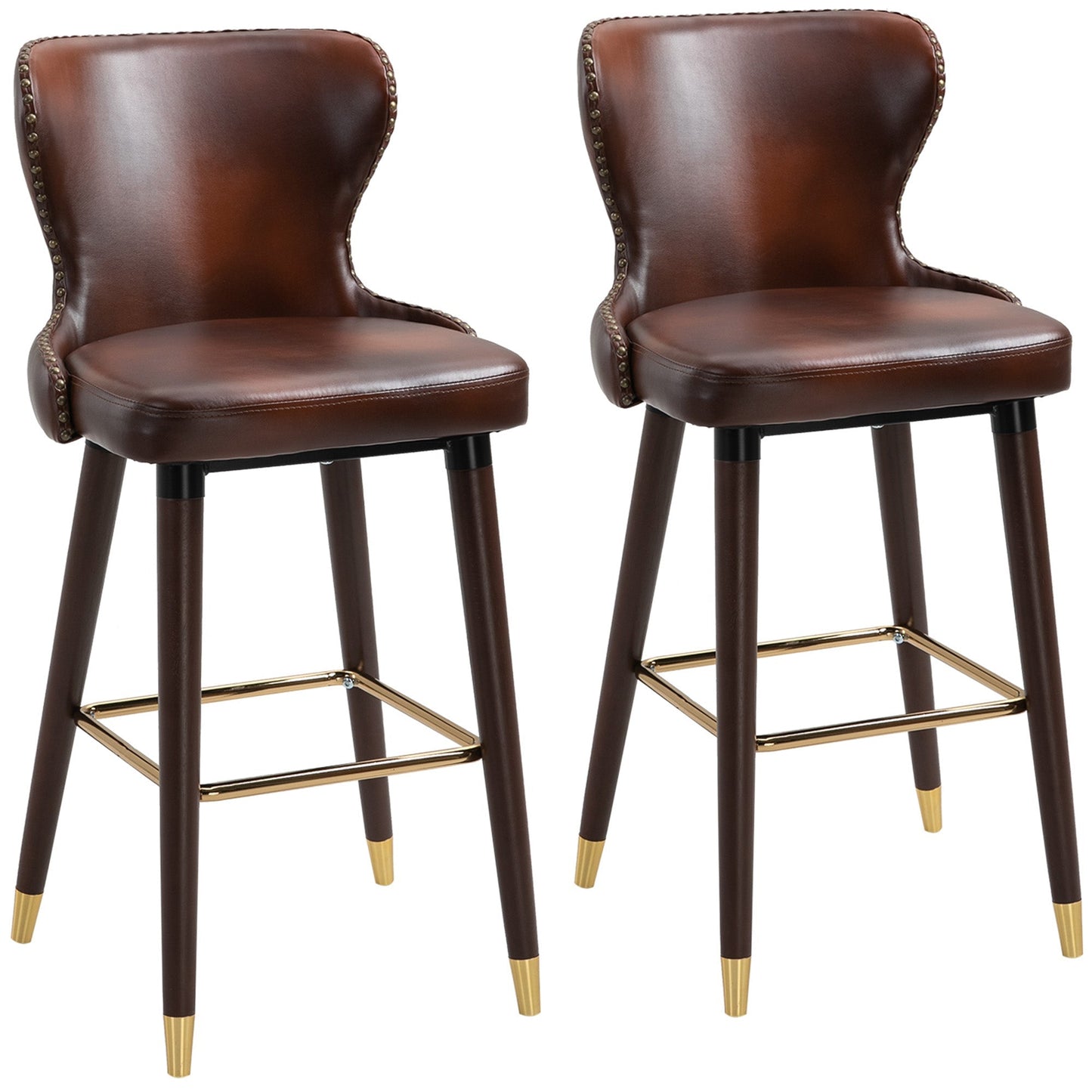 HOMCOM Bar Stools Set of 2, PU Leather Barstools with Back, Footrest and Wood Legs for Kitchen, Counter, Breakfast Bar, Brown